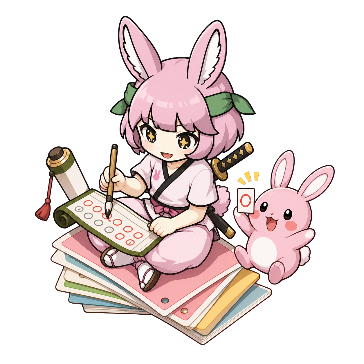 於兎が巻物に答えを書き、うさぎが正解札を掲げる様子